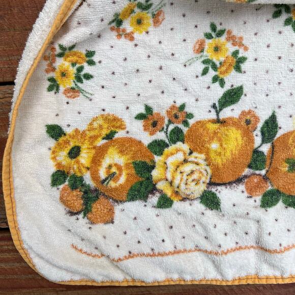 Vintage 70s Terry Cloth Half Apron Fruit Floral Print Retro Oranges Apples Roses - Picture 3 of 12